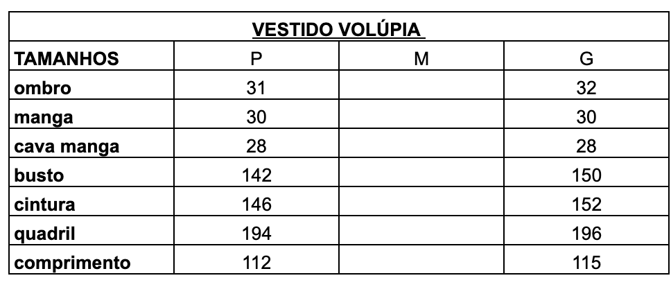 Tabela de Medidas