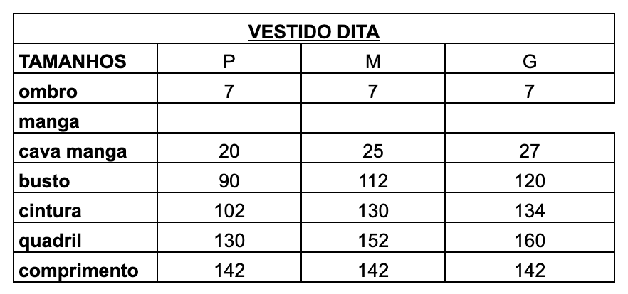 Tabela de Medidas