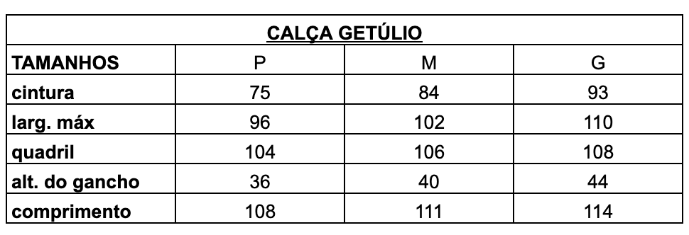 Tabela de Medidas