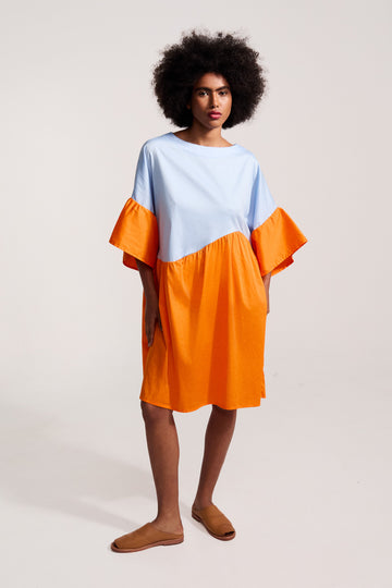 Vestido Magda Liso - Azul Céu e Laranja