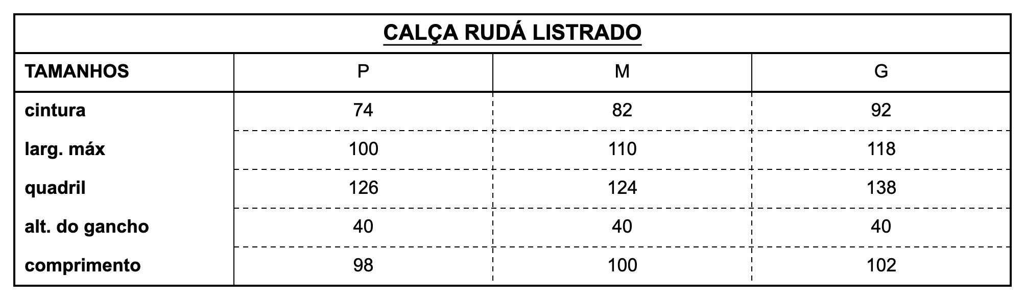 Tabela de Medidas