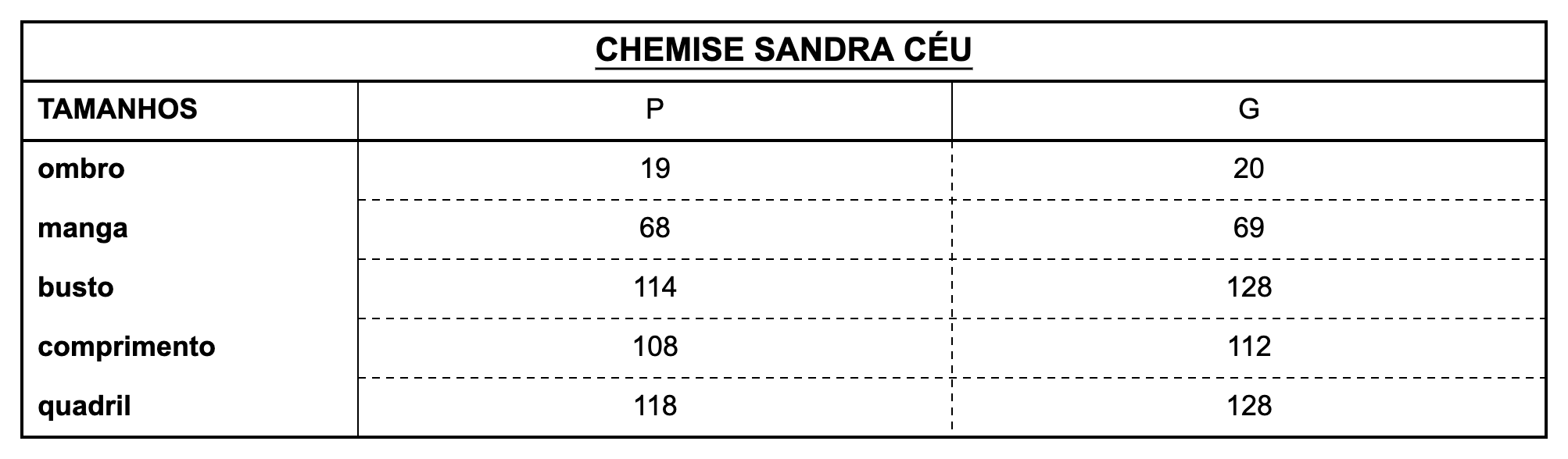 Tabela de Medidas